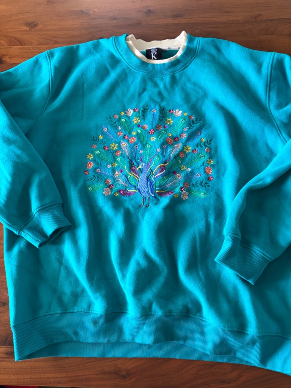 Vintage 90s King Universal Peacock Turquoise Embroidered Crewneck Sweatshirt 2XL